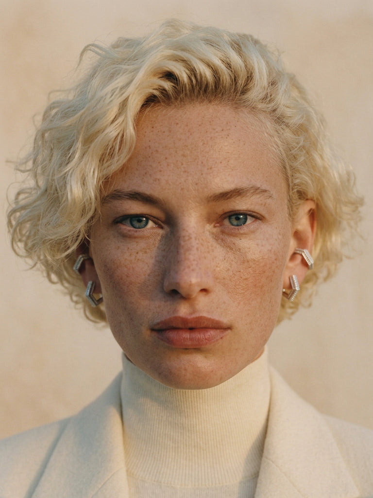 Model wearing Mini Verta Earrings, editorial portrait in cream tones