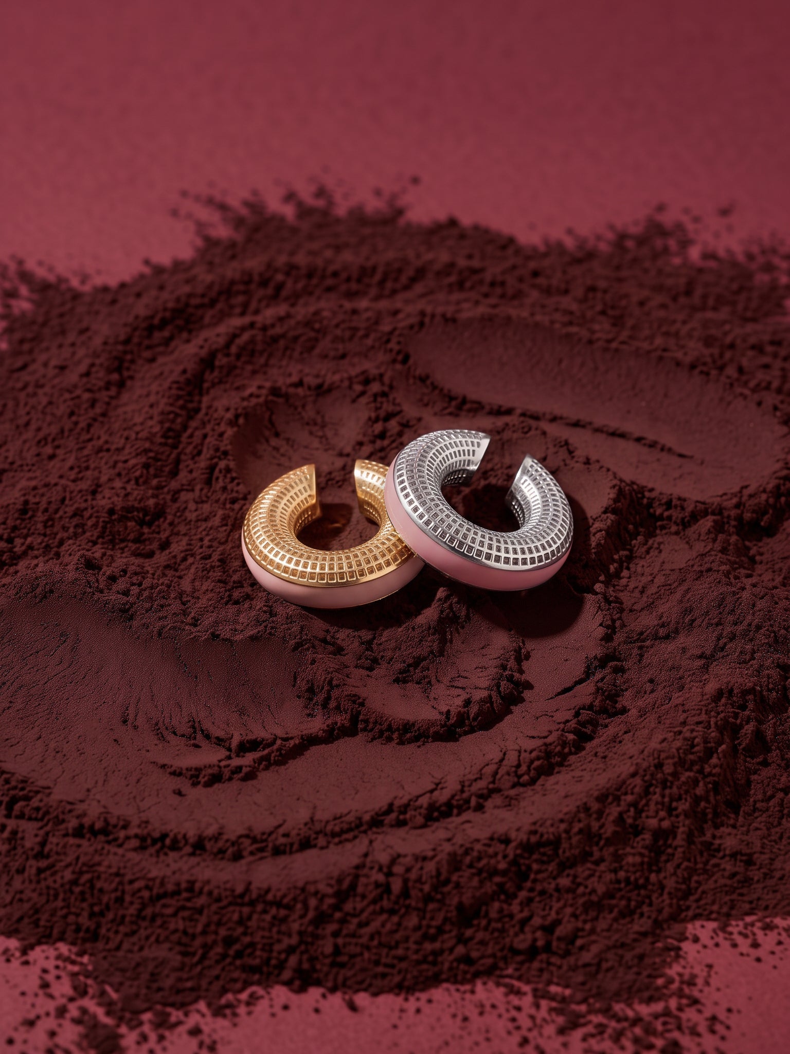 Blush Serenity gold- and silver-plated ear cuffs with powder pink enamel on coffee grounds