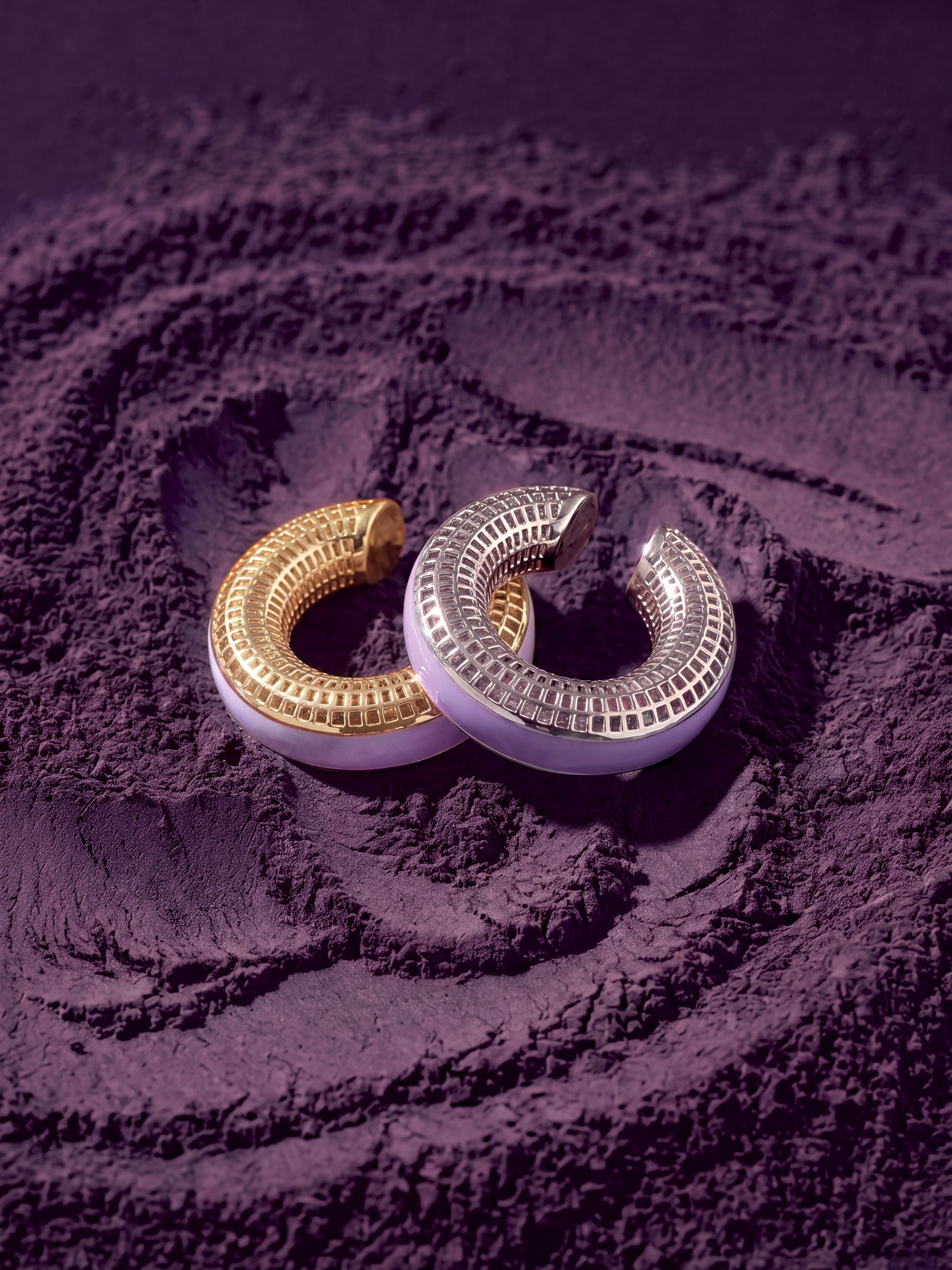 Lilac Reverie gold- and silver-plated ear cuffs with lilac enamel on purple powder