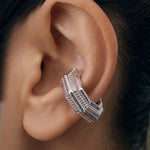 Close-up of the Octa Ear Cuff on the ear, layered octagonal form, rhodium-plated 925 sterling silver no-piercing cuff