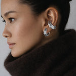 Octa Earrings styled with Octa Ear Cuff, brown turtleneck